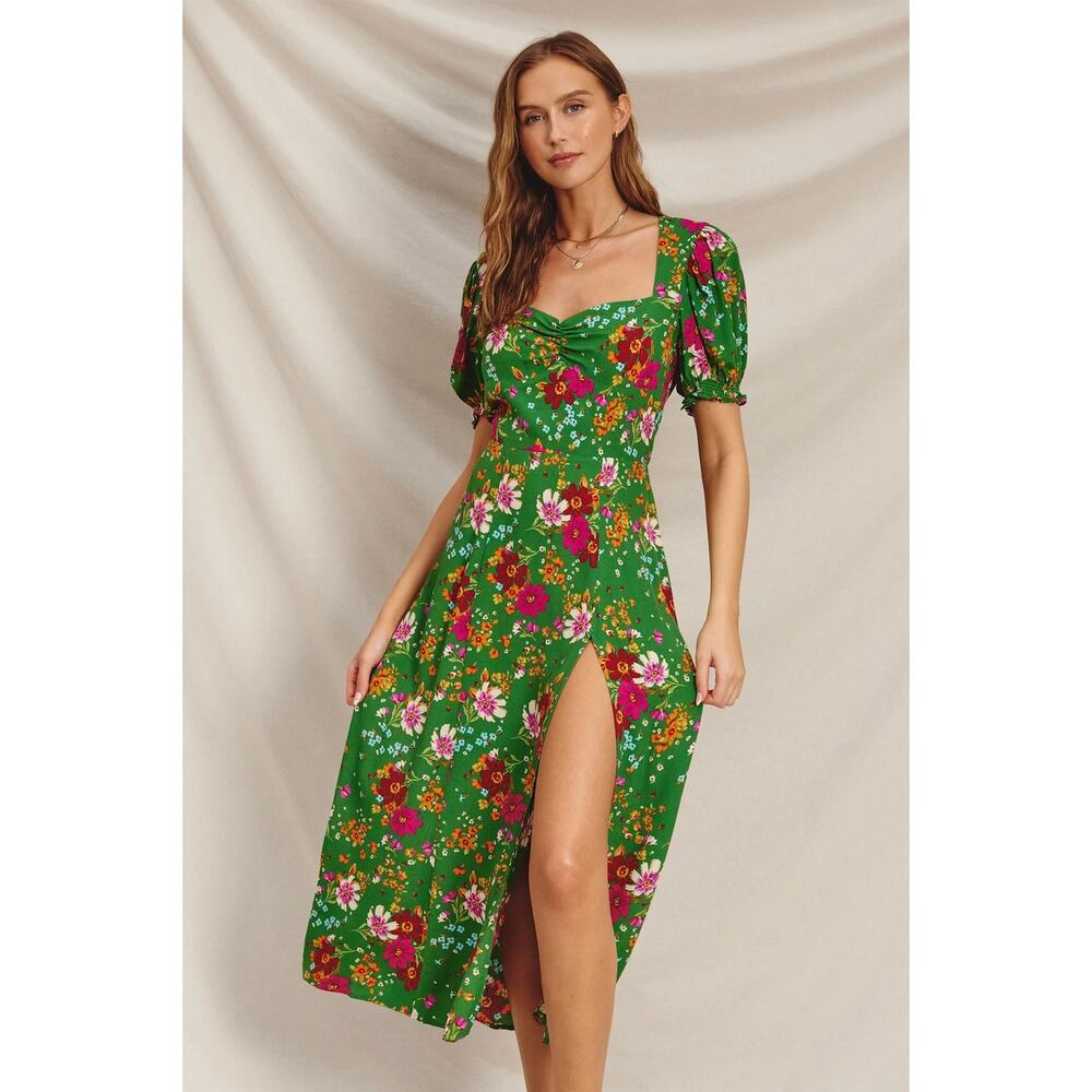 Dress Forum Green Floral Puff Sleeve Midi Dress Sweetheart Slit Size Medium